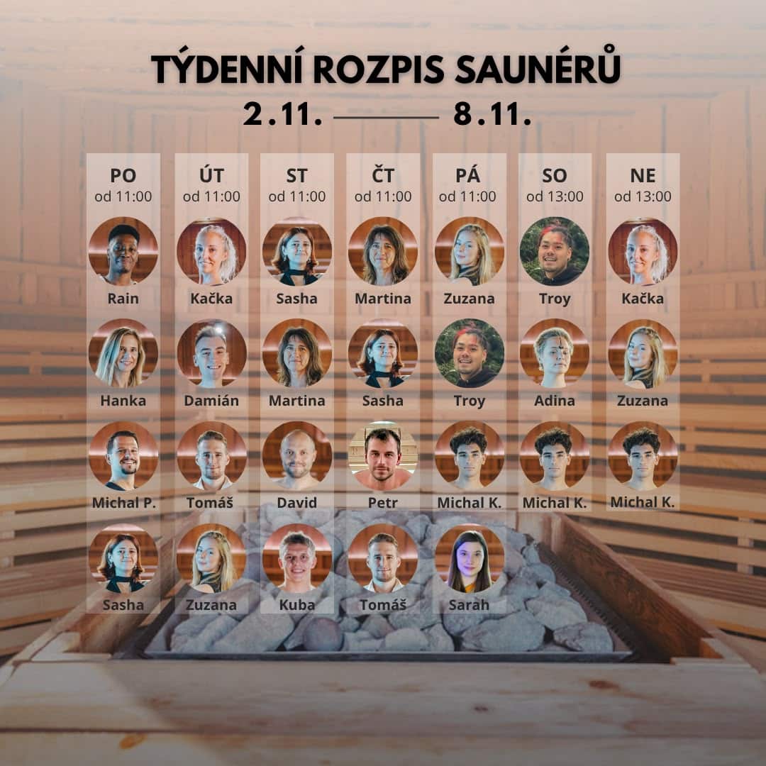 Rozpis saunérů 2. 11. – 8. 11.